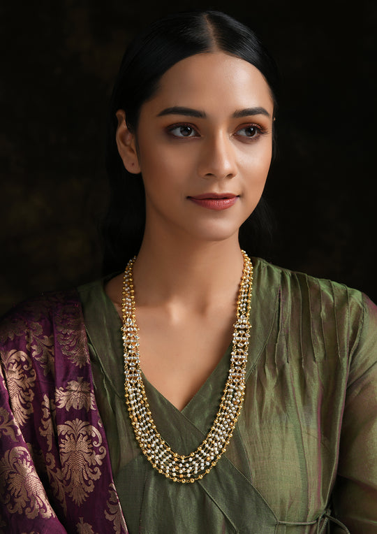 Navmi Long Pearl Guchhi Maala Necklace With Kundan Motifs