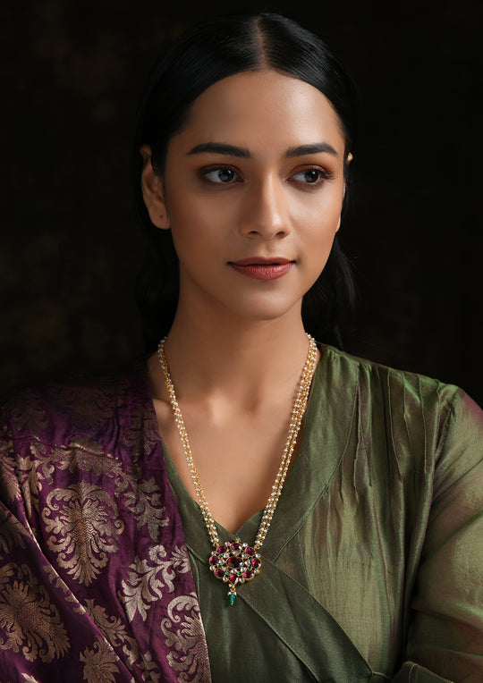 Long Pearl Necklace With A Gold-Plated Tourmaline Flower