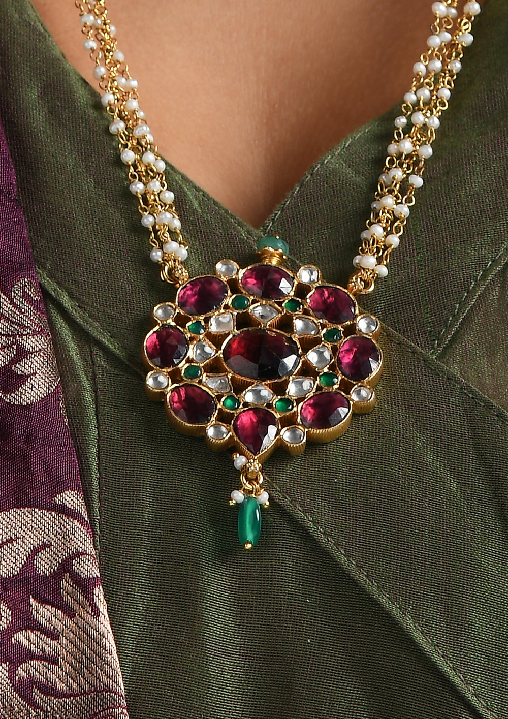 Long Pearl Necklace With A Gold-Plated Tourmaline Flower