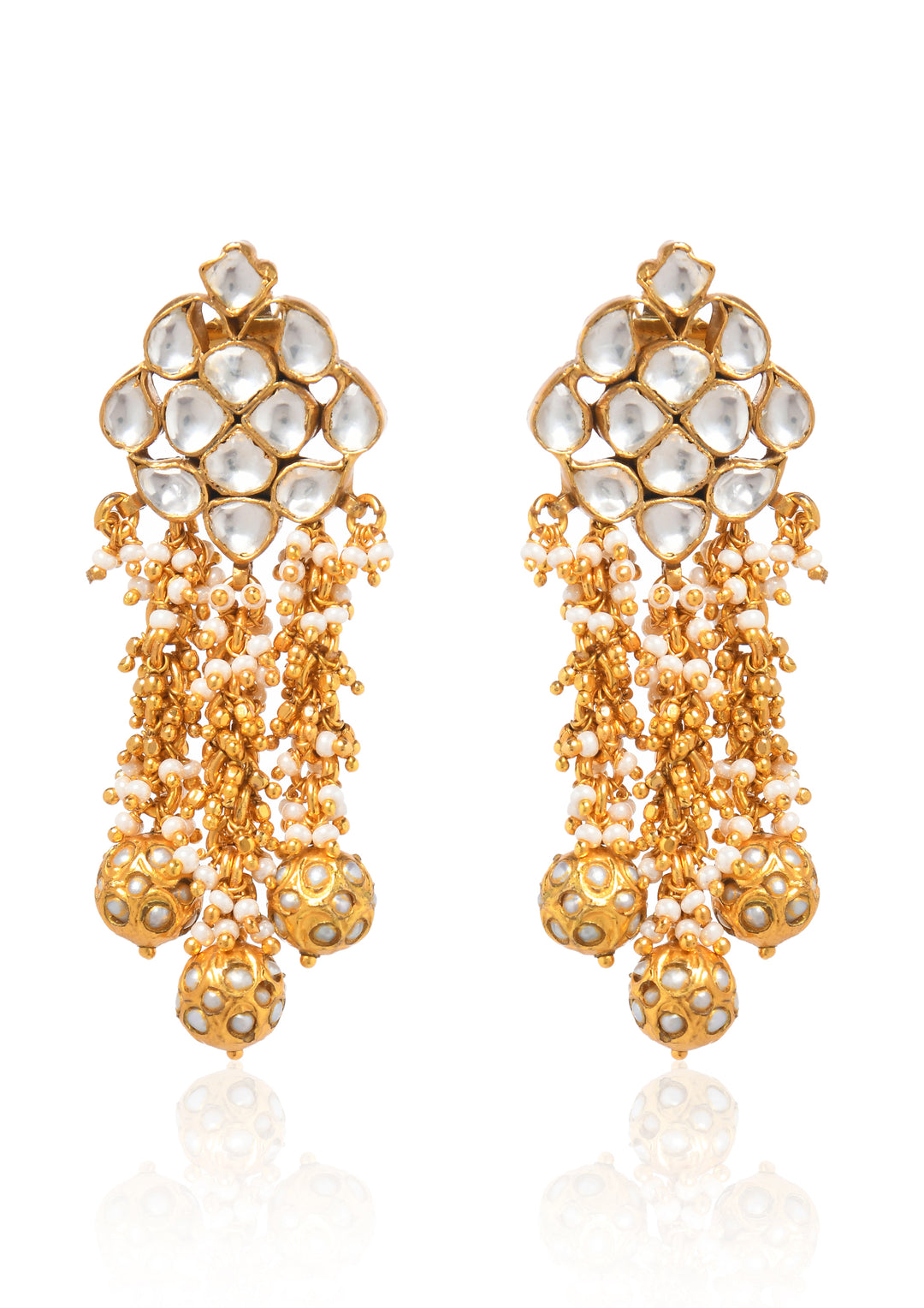 Diamond-Shaped Kundan Earrings With Moti Guchhi Hangings