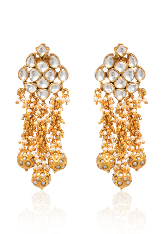 Diamond-Shaped Kundan Earrings With Moti Guchhi Hangings