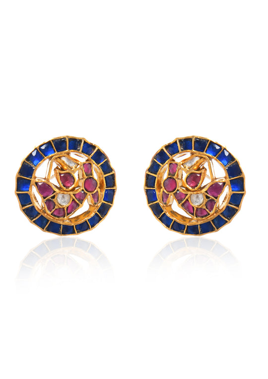 Small Blue Rooster Studs With Onyx And Polki