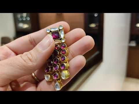 Red-White Geometric Earrings With Polki And Tourmaline