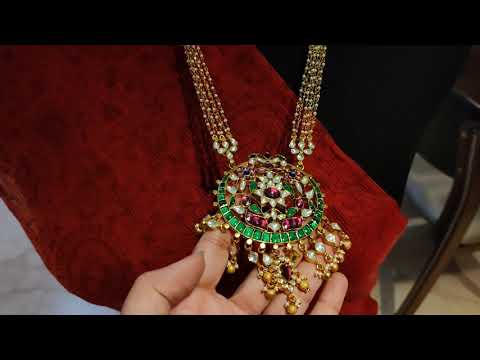 Long Necklace With Oval Multicolored Pendant And Golden Drops