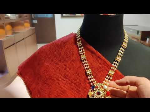 Gold Plated Long Necklace With Real Navratna Stones Pendant