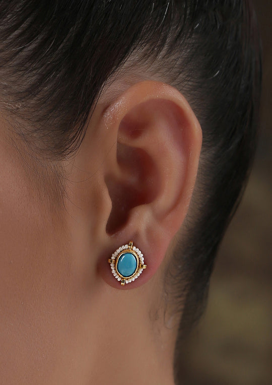 Boond Turqoise Underwater Oval Studs with Pearl Fringe