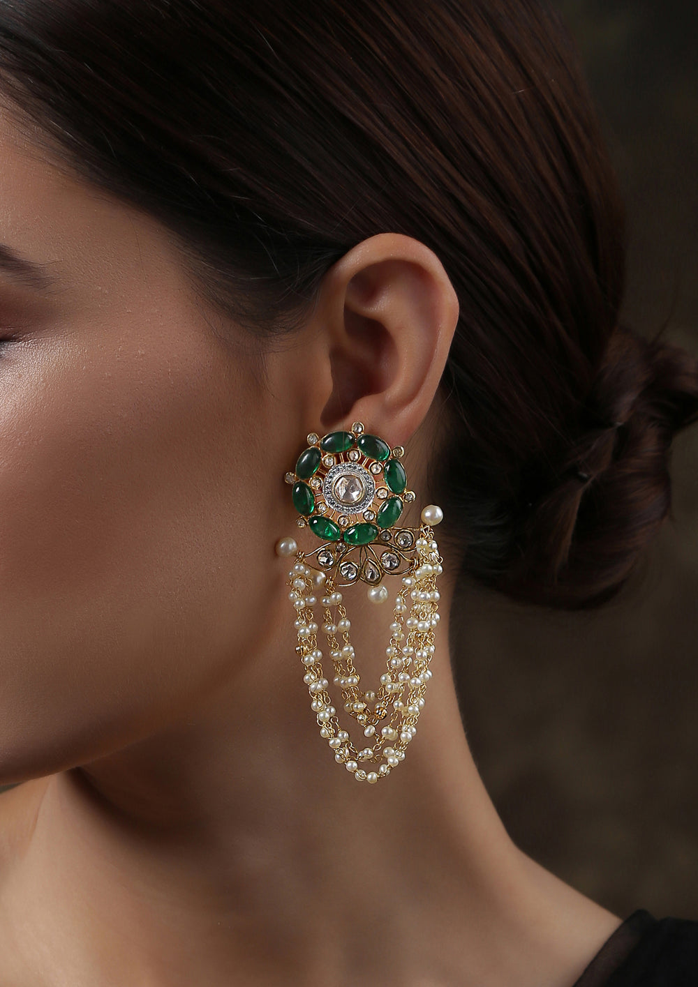 Izra Sterling Silver Green Onyx Wheel Earrings with Pearl String Fall