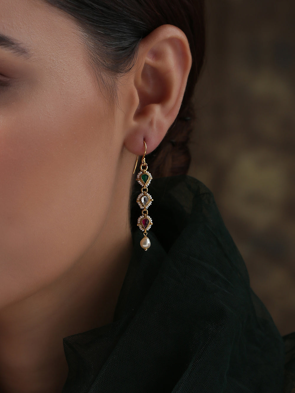 Dopehri' Tri-colored Fish-Hook Earrings with Pearl Edging