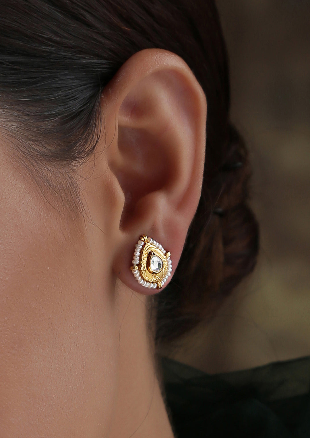 Dopehri Tiny Tear Drops Polki Studs With Pearl Edging