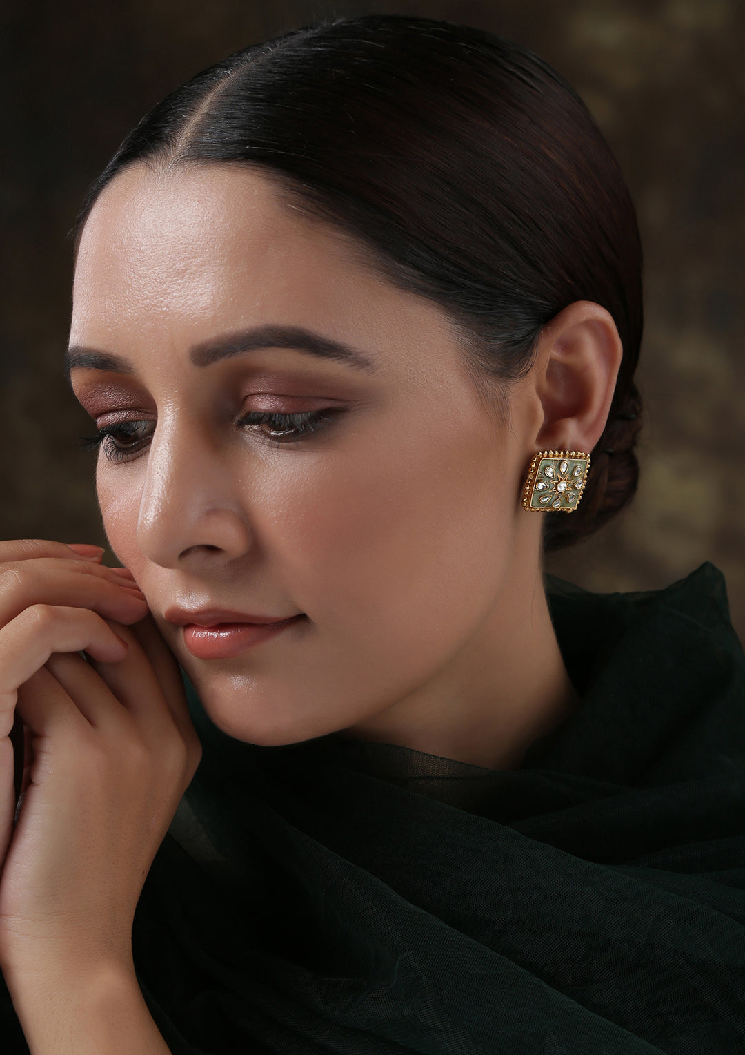 Dopehri Sea Green Meenakari Square Polki Studs Earrings