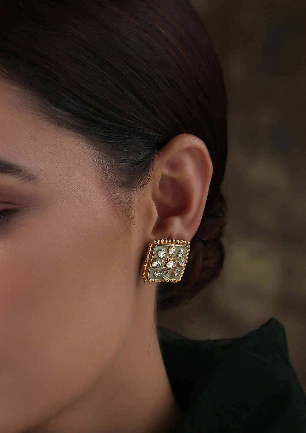 Dopehri Sea Green Meenakari Square Polki Studs Earrings