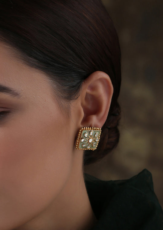 Dopehri Sea Green Meenakari Square Polki Studs Earrings