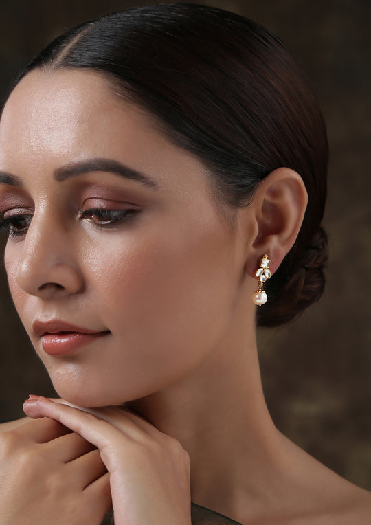 Dopehri Monochrome Reverse Leaf Hanging Studs With Pearl Drops