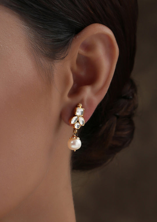 Dopehri Monochrome Reverse Leaf Hanging Studs With Pearl Drops