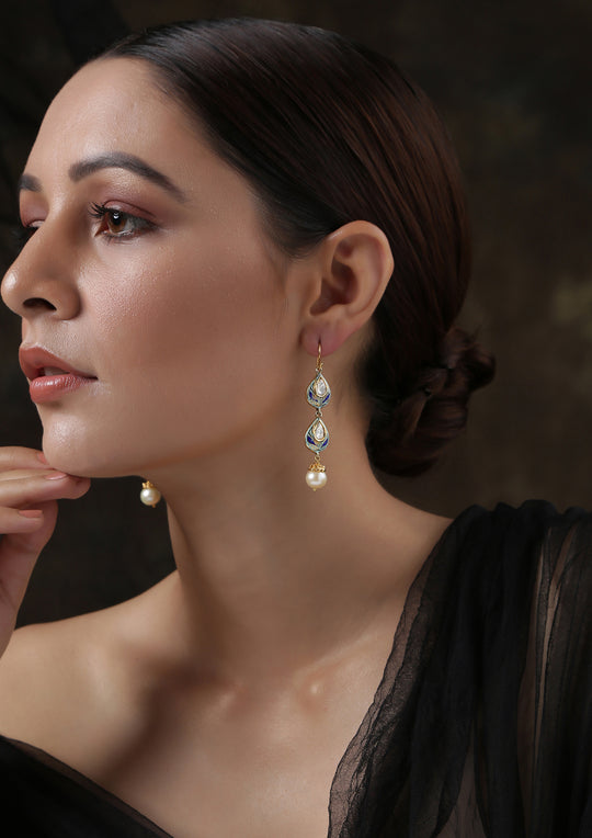 Izra Sterling Silver Enameled Double Tear Drops Semi-Moissanite Dangler Earrings