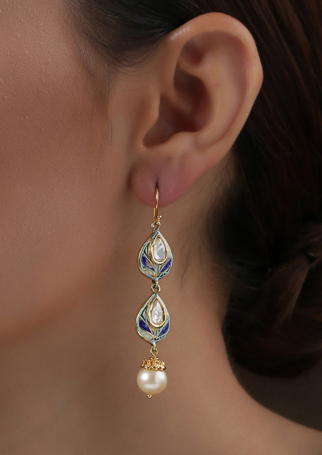 Izra Sterling Silver Enameled Double Tear Drops Semi-Moissanite Dangler Earrings