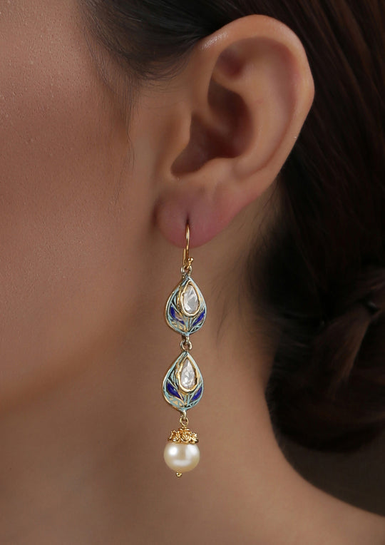 Izra Sterling Silver Enameled Double Tear Drops Semi-Moissanite Dangler Earrings