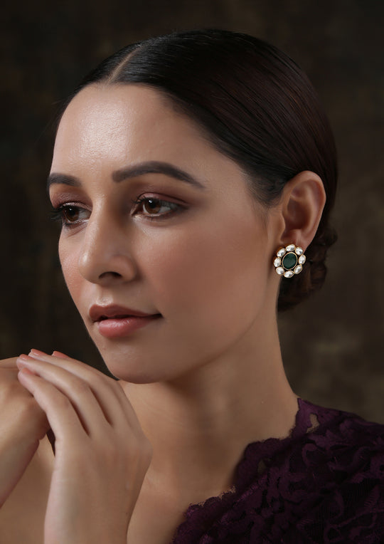 Dopehri Floral Green Onyx Polki Studs