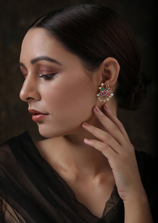 Resting Swan Studs With Tourmaline and Pearls