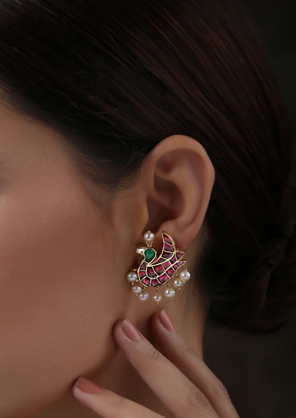 Resting Swan Studs With Tourmaline and Pearls