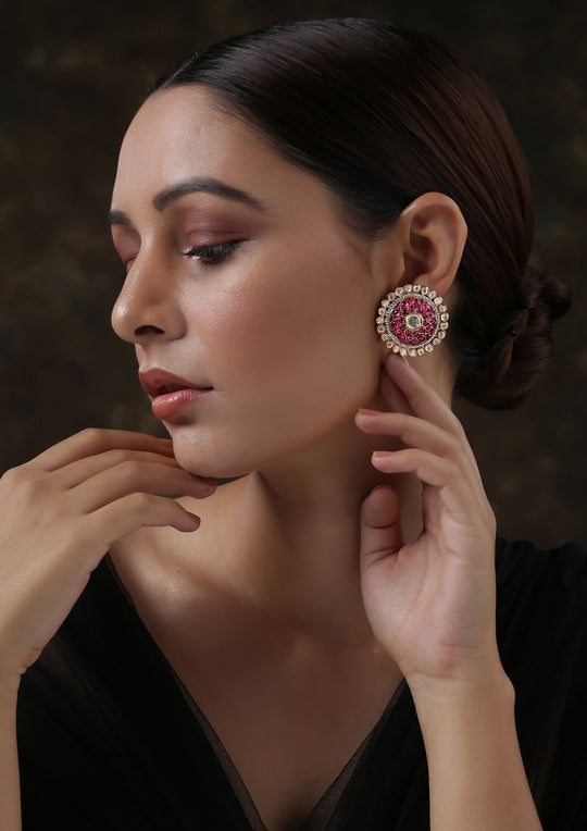 Izra Sterling Silver Layered Ruby Floral Semi-Moissanite Studs With Swarovski
