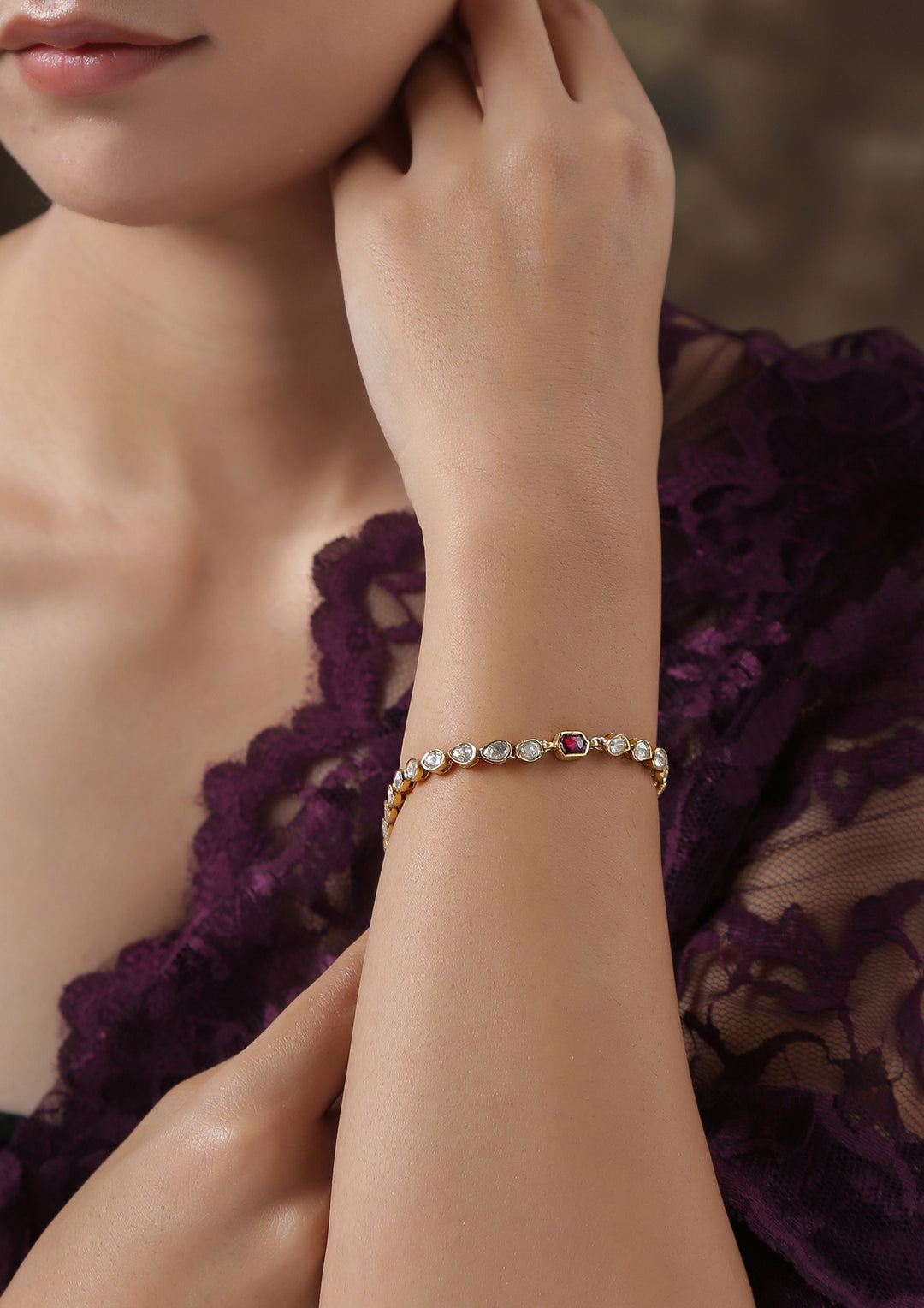 Izra Sterling Silver Delicate Single Line Gold Plated Semi-Moissanite Bracelet
