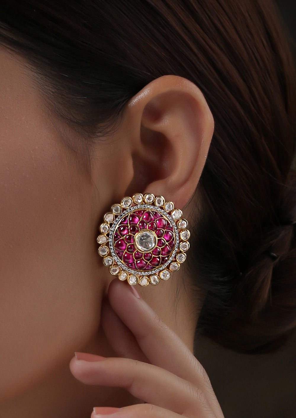 Izra Sterling Silver Layered Ruby Floral Semi-Moissanite Studs With Swarovski