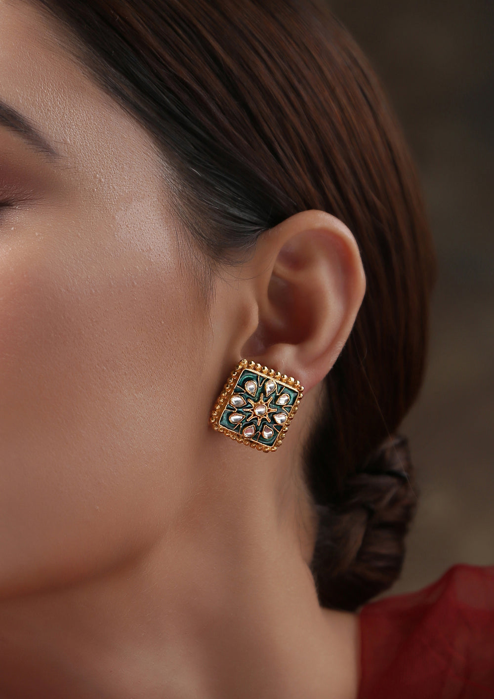 Dopehri Green Meenakari Square Polki Studs Earrings