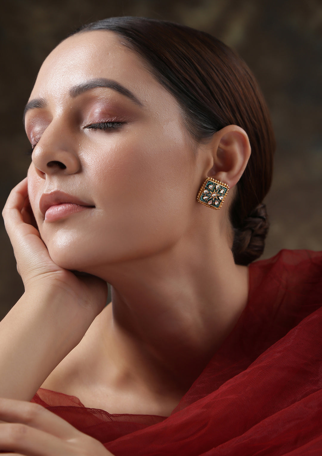 Dopehri Green Meenakari Square Polki Studs Earrings