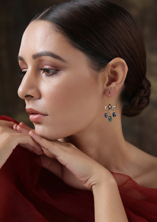 Dopehri' Red Meenakari Lotus Fish Hook Earrings