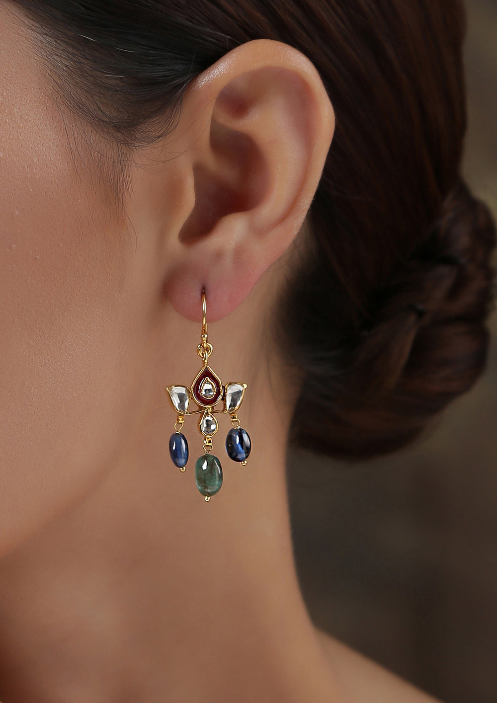 Dopehri' Red Meenakari Lotus Fish Hook Earrings