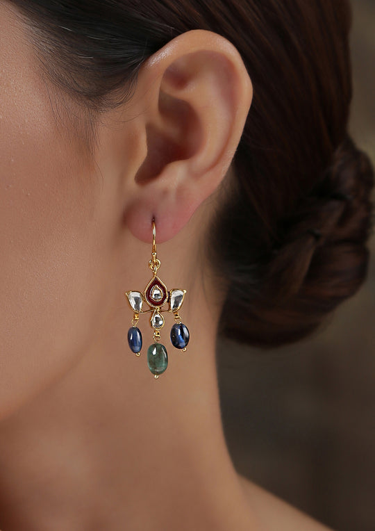 Dopehri' Red Meenakari Lotus Fish Hook Earrings