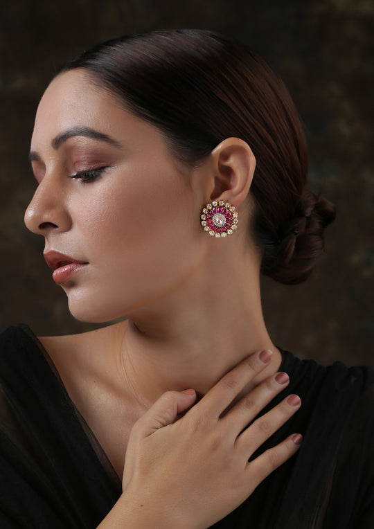 Izra Sterling Silver Ruby Floral Bud Semi-Moissanite Studs