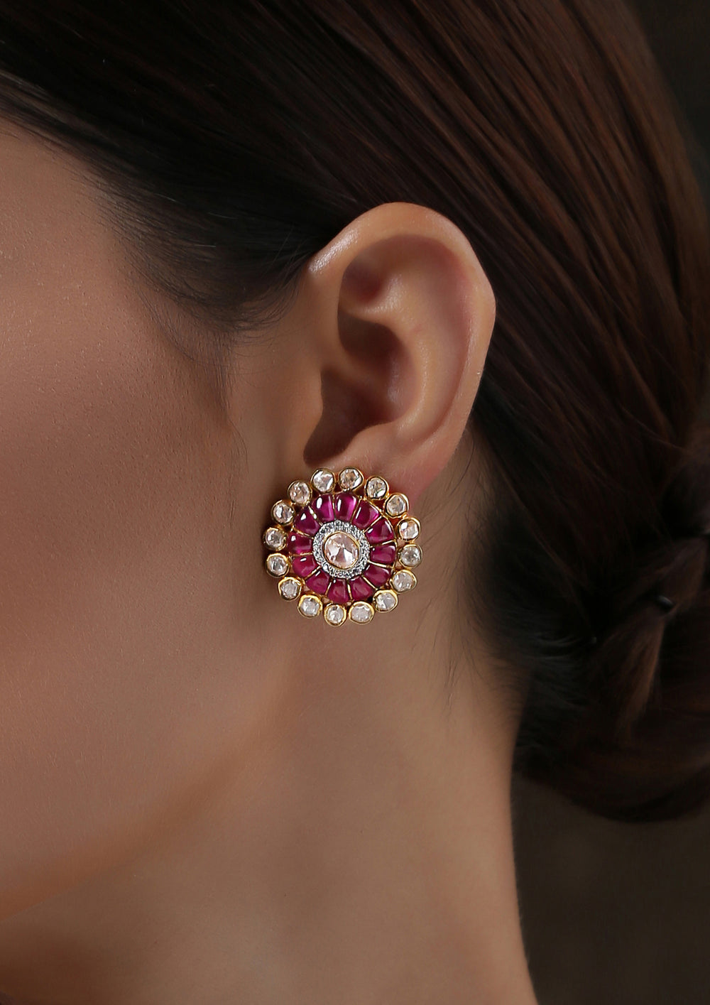 Izra Sterling Silver Ruby Floral Bud Semi-Moissanite Studs