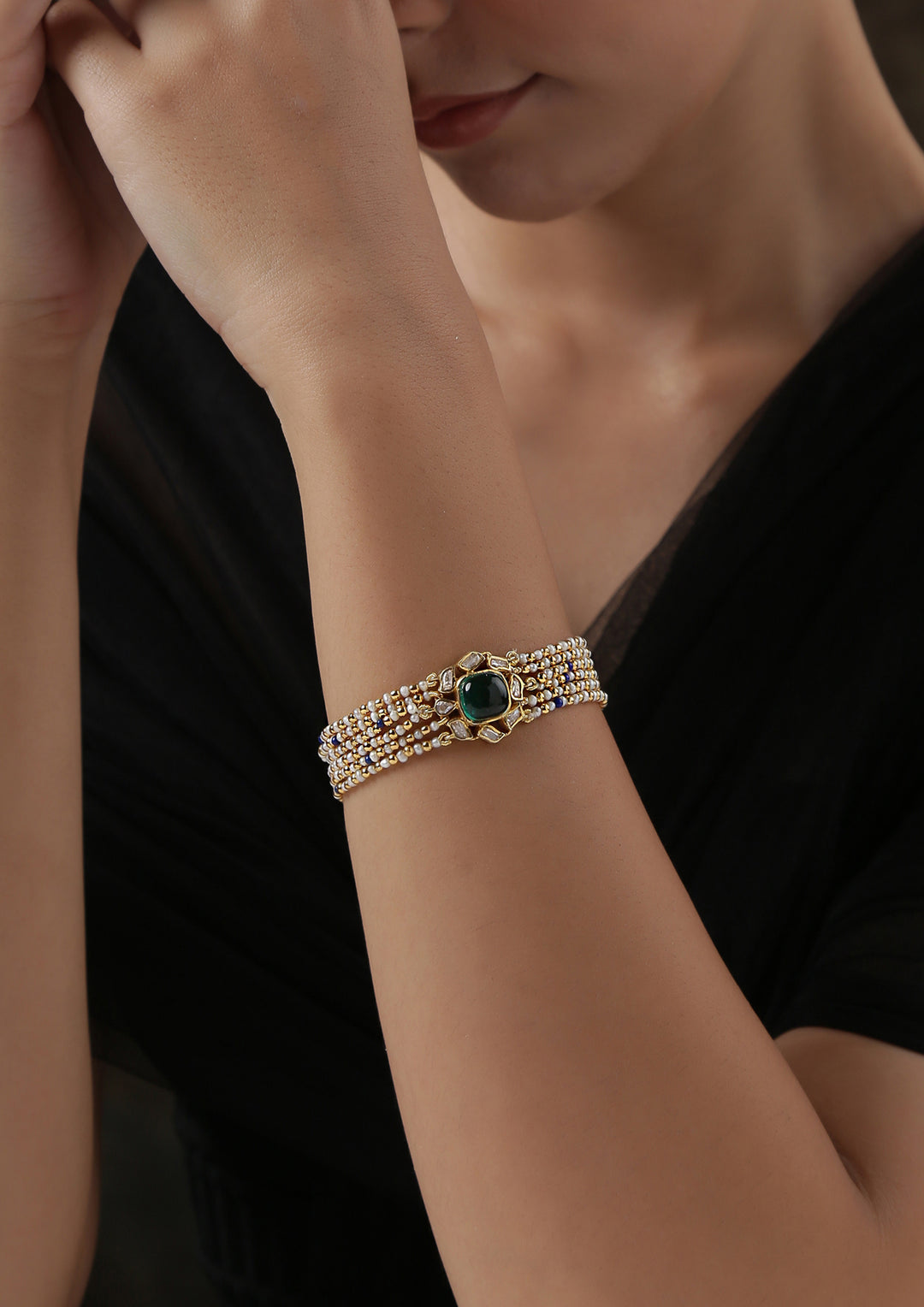 Izra Sterling Silver Onyx Layered Pearl Strings Bracelet