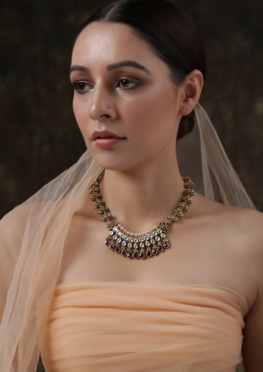 Sterling Silver Moti Guchhi Multicolored Necklace