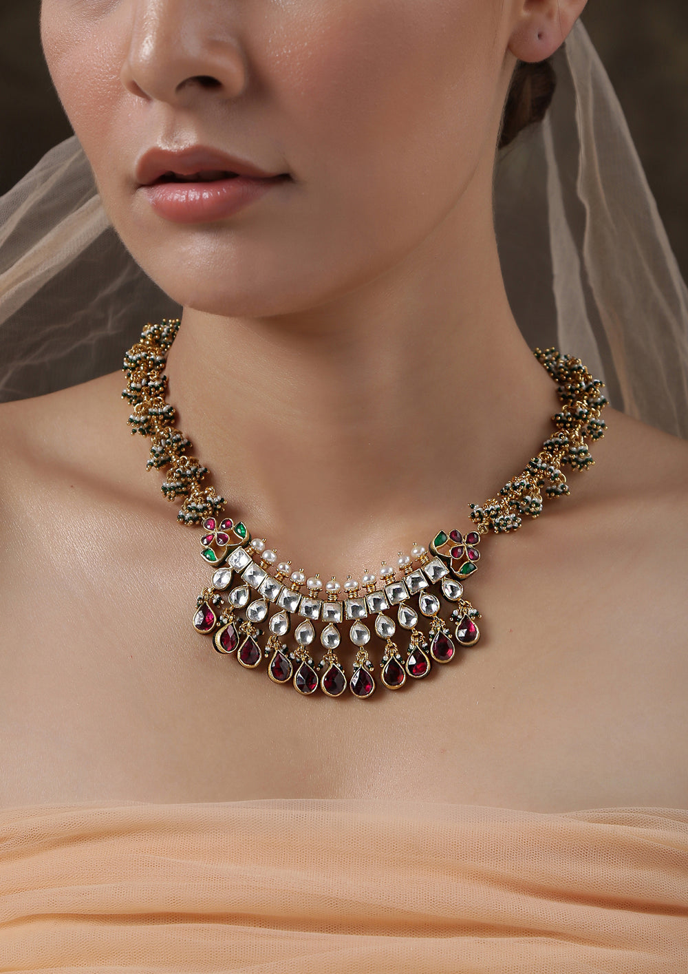 Sterling Silver Moti Guchhi Multicolored Necklace