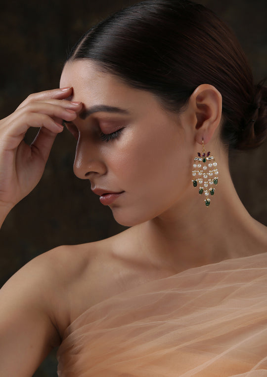 Dopehri Multicolored Fish Hook Lotus Dangler Earrings With Green Drops And Pearls