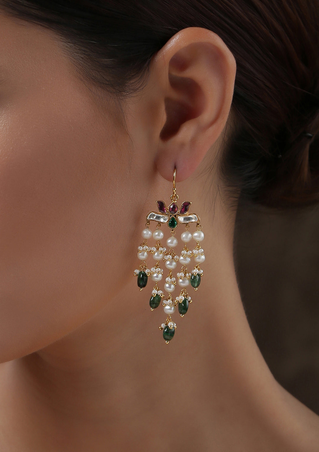 Dopehri Multicolored Fish Hook Lotus Dangler Earrings With Green Drops And Pearls
