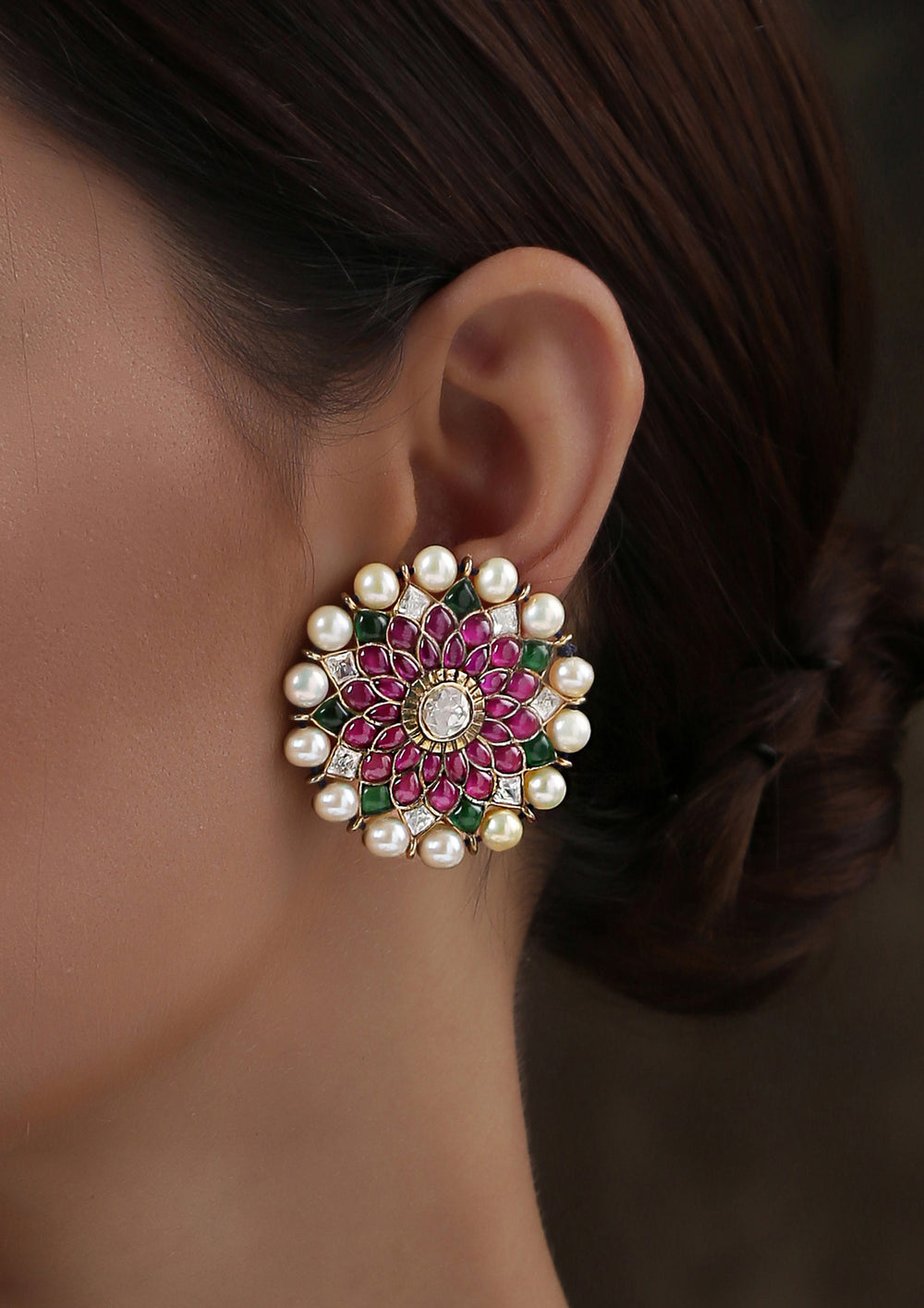 Izra Sterling Silver Big Ruby Layered Floral Semi-Moissanite Studs