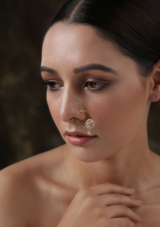 Dopehri Floral Monochrome Clip On Nath With Kundan Drops