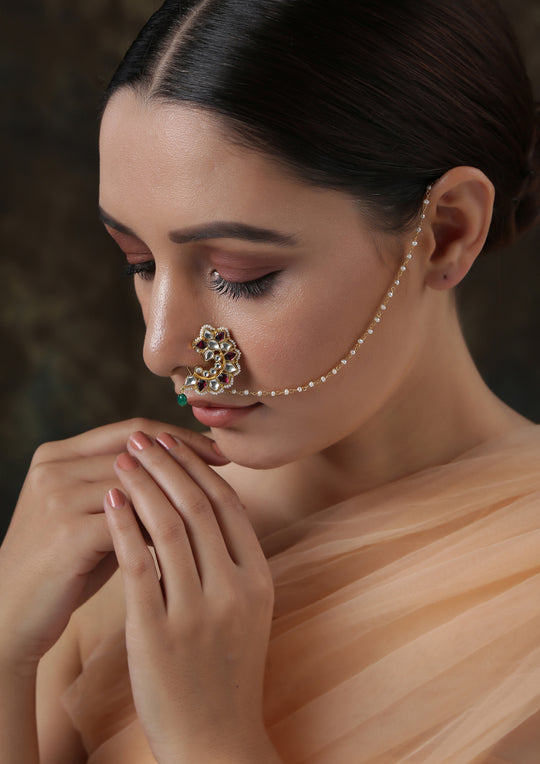 Dopehri Multicolored Maharastrian Clip On Nath With Onyx Drops
