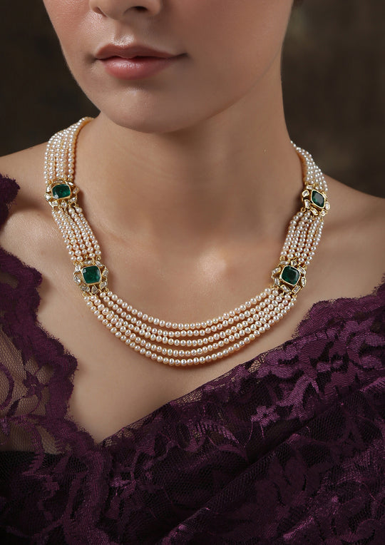 'Izra' Sterling Silver Layered Onyx And Semi-Moissanite Necklace With Pearls
